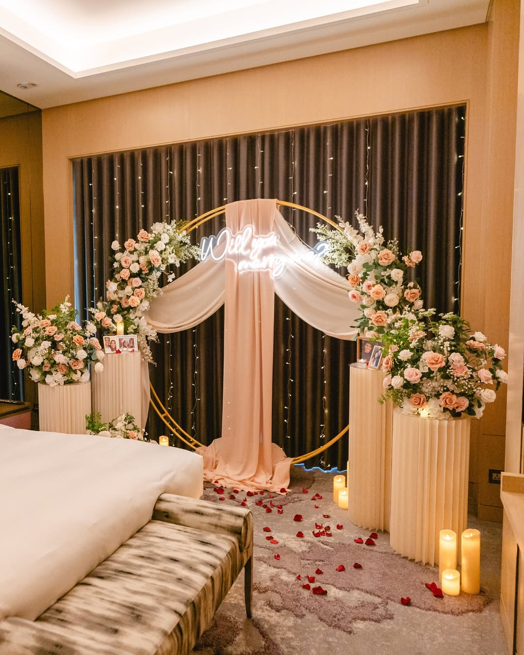 proposal setup in gold and pink hues